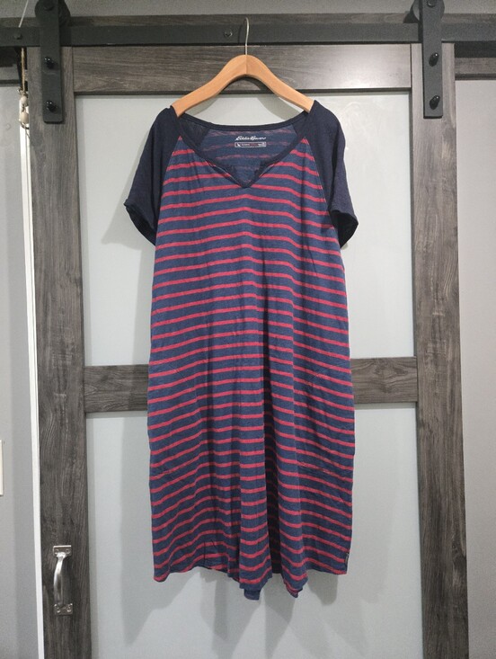 Eddie Bauer Dresses & Skirts - Eddie Bauer 100% Cotton Striped T-Shirt Dress 2X Navy Red Pockets Casual Relaxed
